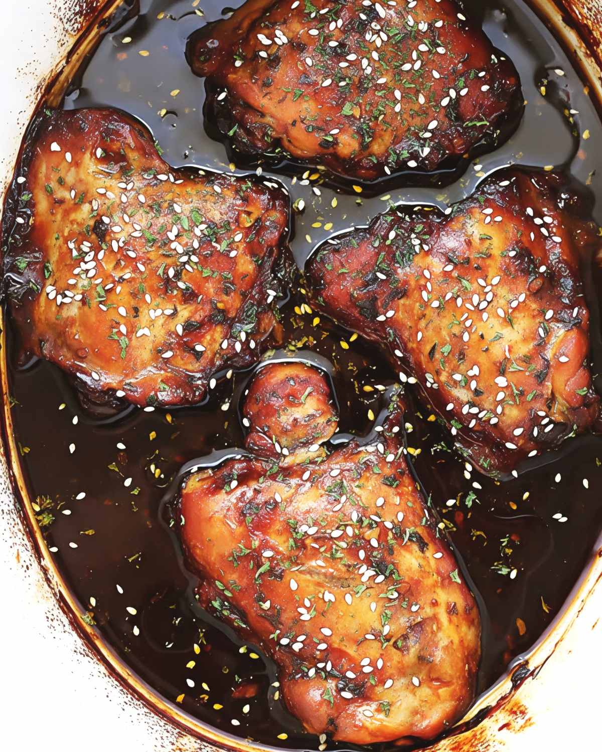 Juicy honey garlic chicken thighs glistening in a sweet glaze and sprinkled with sesame seeds, serving up a flavorful dump and go crockpot dinner (Lazy Dinner).