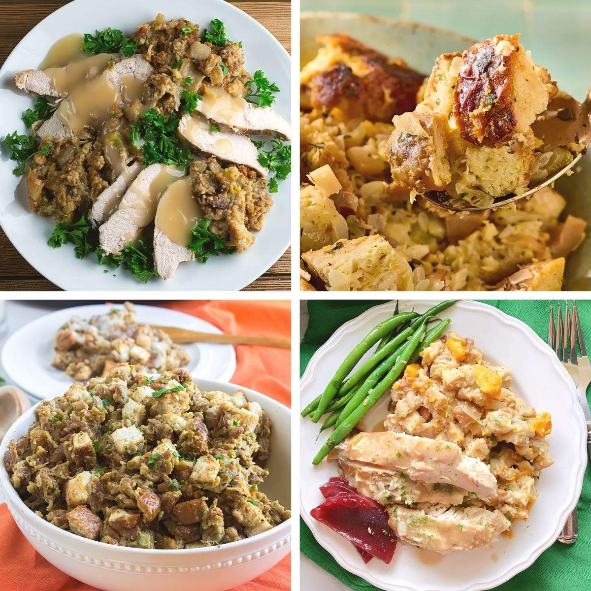 Classic crockpot stuffing thanksgiving recipe with soft bread cubes, onions, and black pepper served in a square white ceramic bowl with a metal spoon.