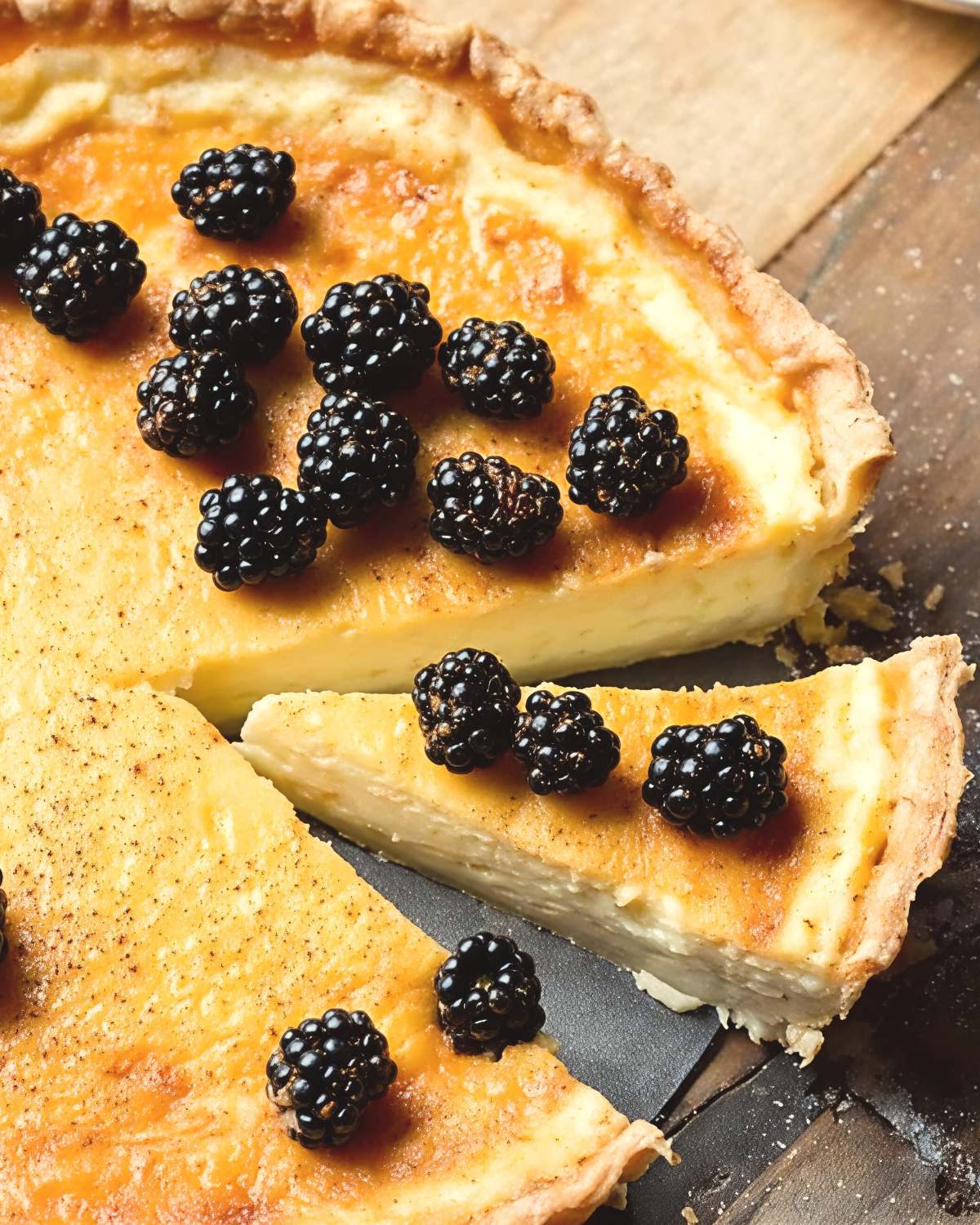An overhead view of a freshly baked egg custard pie with a golden-brown top sprinkled with nutmeg and topped with ripe black raspberries." "A sliced piece rests in front of the main pie, showcasing its thick, creamy filling and fluted pastry crust