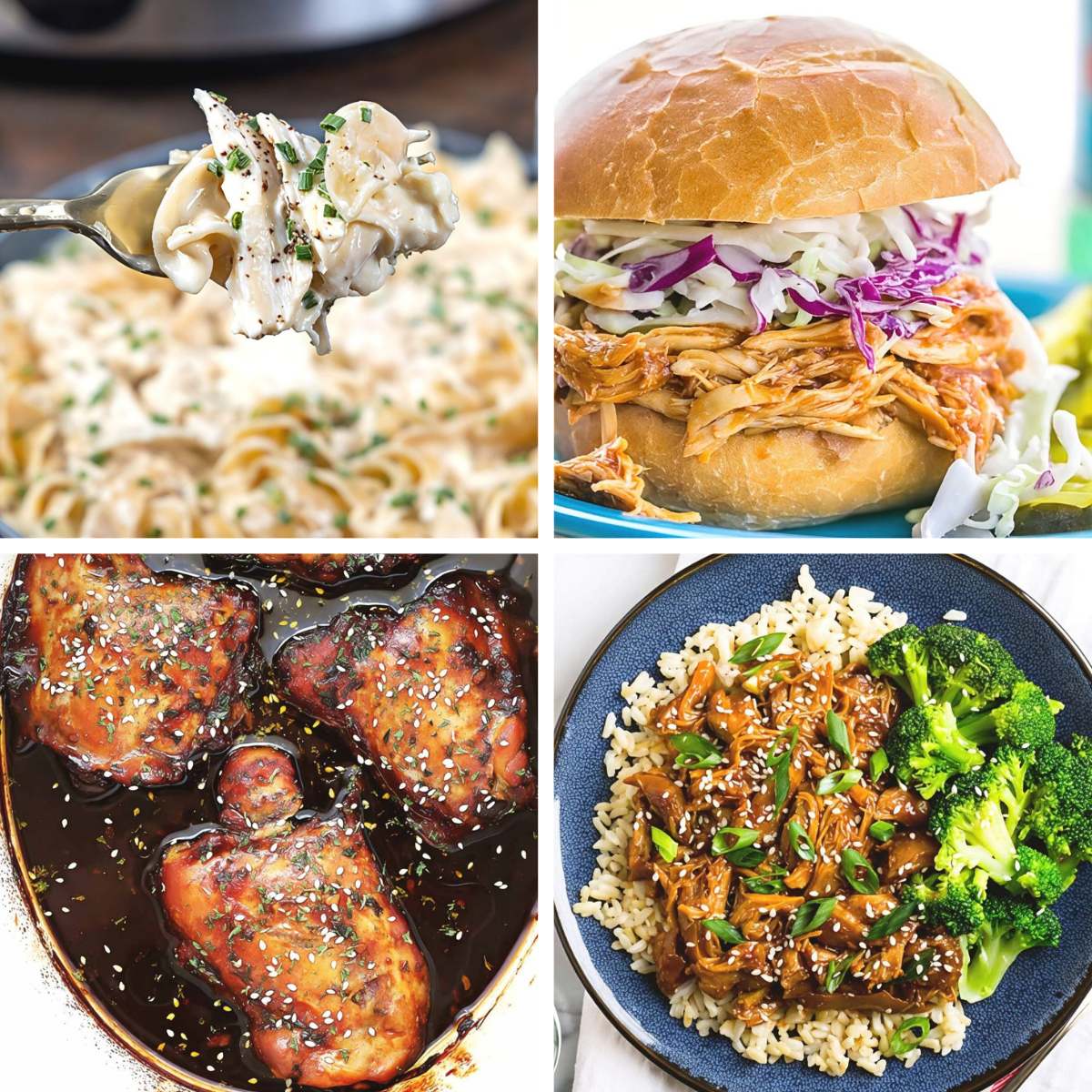A collage of flavorful chicken dishes, including creamy pasta, pulled chicken sandwiches, glazed thighs, and chicken with rice, showcasing easy dump and go crockpot dinners chicken recipes.