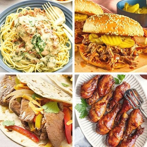 A collage of delicious homemade dishes, including creamy pasta, pulled pork sandwiches, steak fajitas, and glazed drumsticks, representing easy dump and go crockpot dinners (Lazy Dinners).