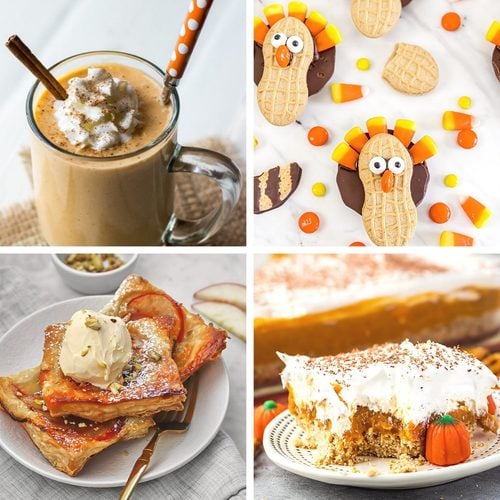 A collage featuring four easy Thanksgiving desserts including a pumpkin smoothie, turkey cookies, apple puff pastry tarts with ice cream, and a layered pumpkin dessert.