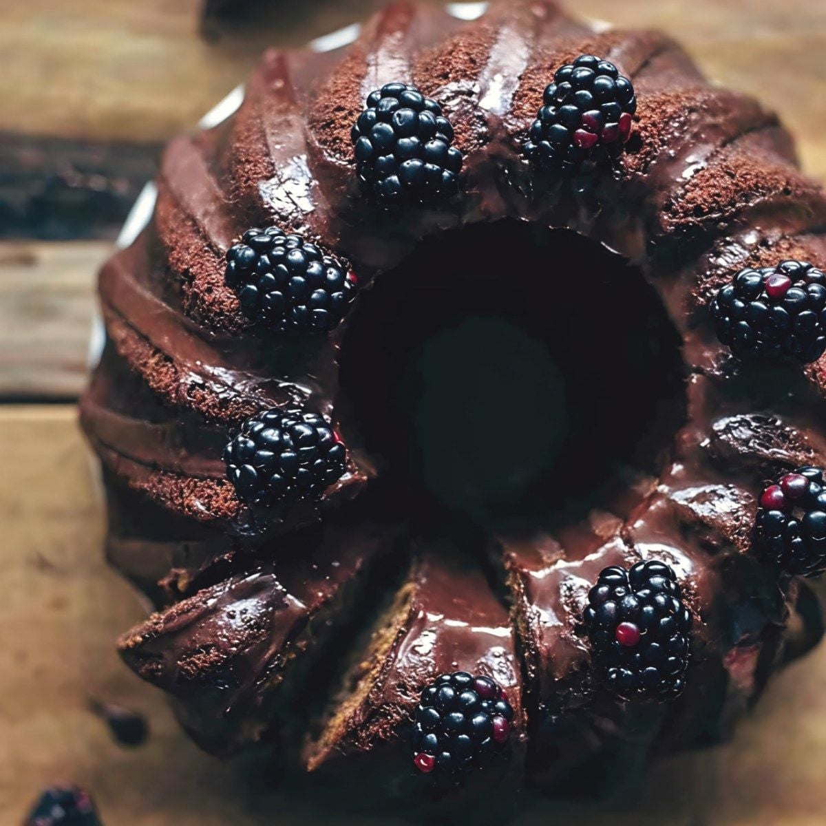 Rich chocolate pumpkin bundt cake glazed with chocolate ganache and topped with fresh blackberries, perfect for Thanksgiving dessert ideas.