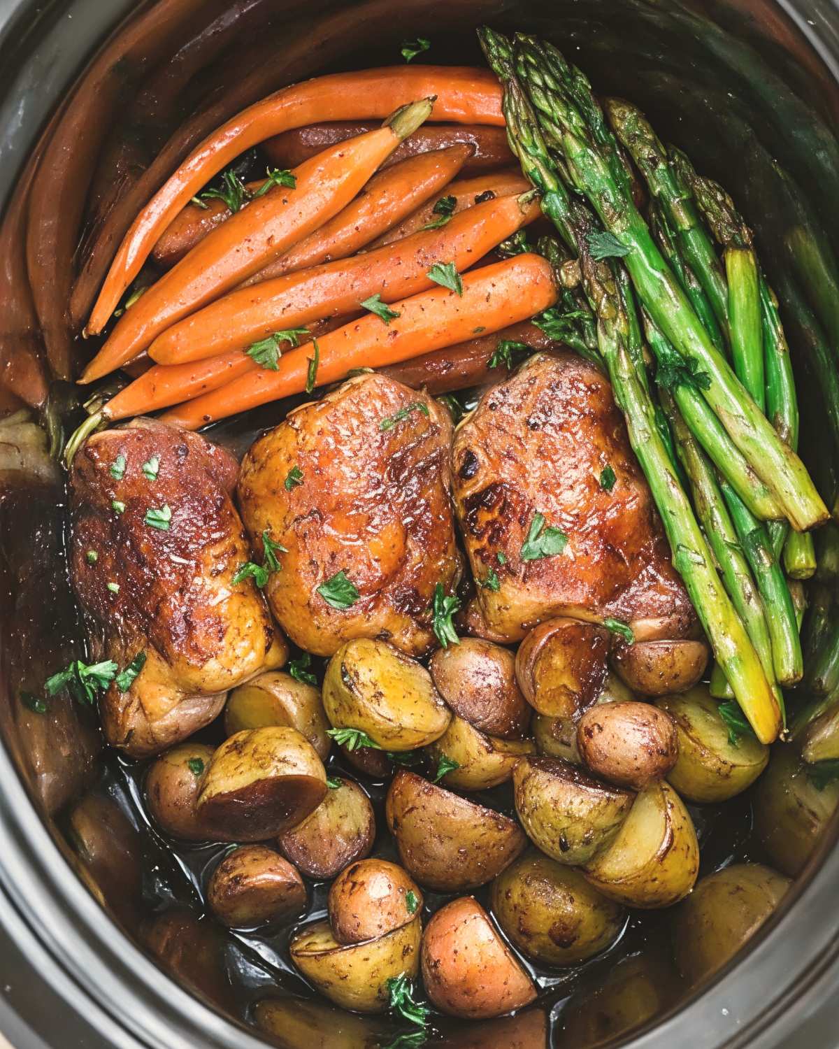 Slow cooker harvest chicken thighs cooked with whole baby carrots, roasted red potatoes, and fresh asparagus spears, garnished with chopped herbs inside a crockpot.