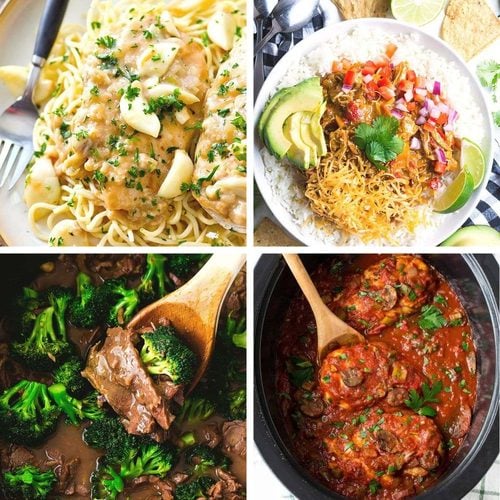 A four-panel collage showcasing healthy crockpot meals, including garlic chicken pasta, a chicken rice bowl with avocado, beef and broccoli, and chicken cacciatore.