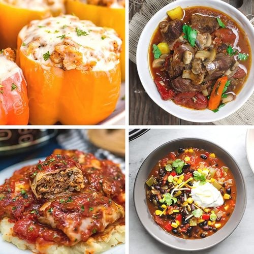 A four-panel collage featuring healthy crockpot dinner recipes: stuffed bell peppers with melted cheese, slow-cooked Italian beef stew, stuffed cabbage rolls in tomato sauce, and hearty black bean chili topped with sour cream and cilantro.