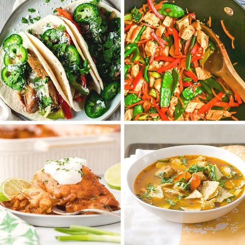 Four easy leftover turkey breast recipes featuring fajitas, a vegetable stir-fry, enchilada casserole, and a hearty tortilla soup.