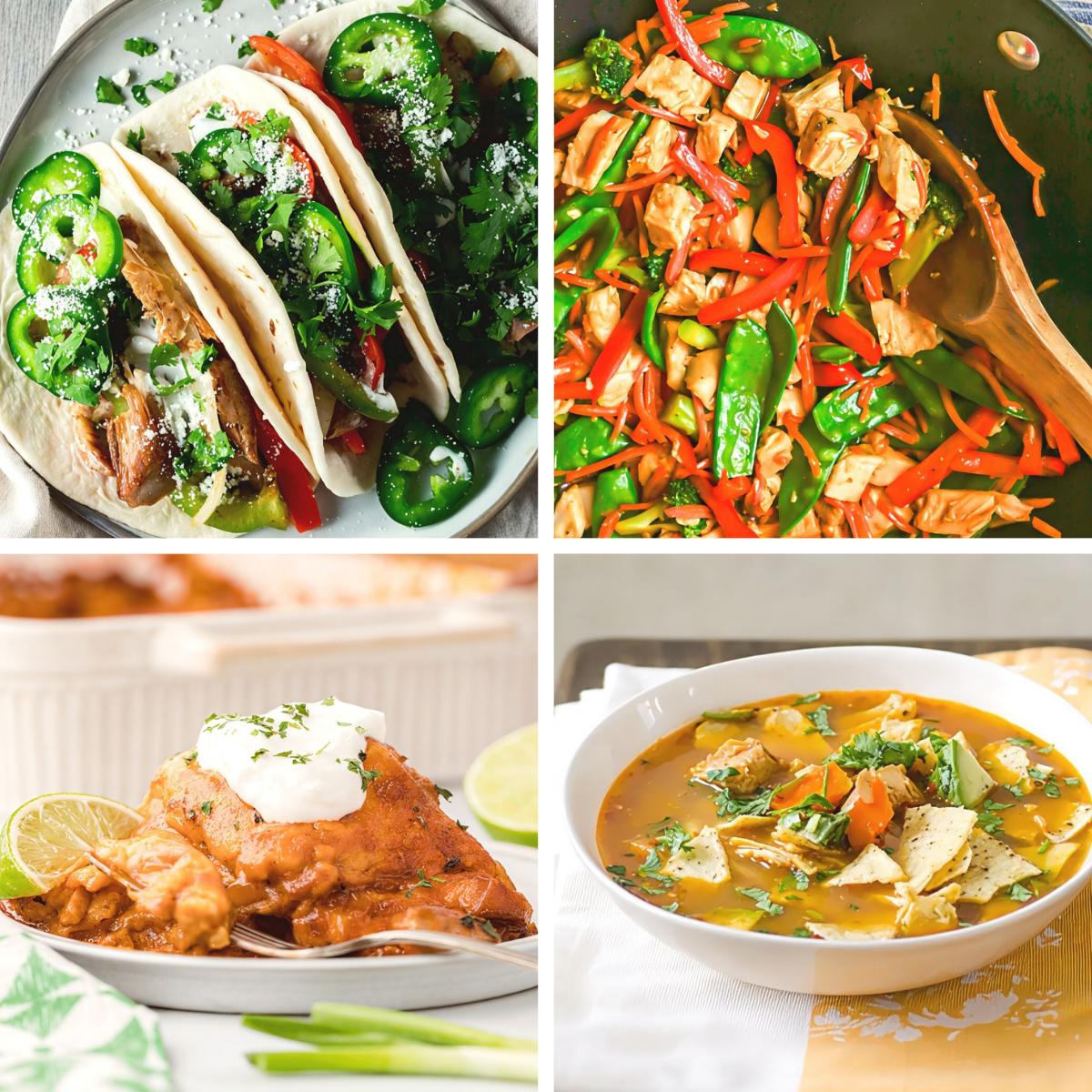 Four easy leftover turkey breast recipes featuring fajitas, a vegetable stir-fry, enchilada casserole, and a hearty tortilla soup.