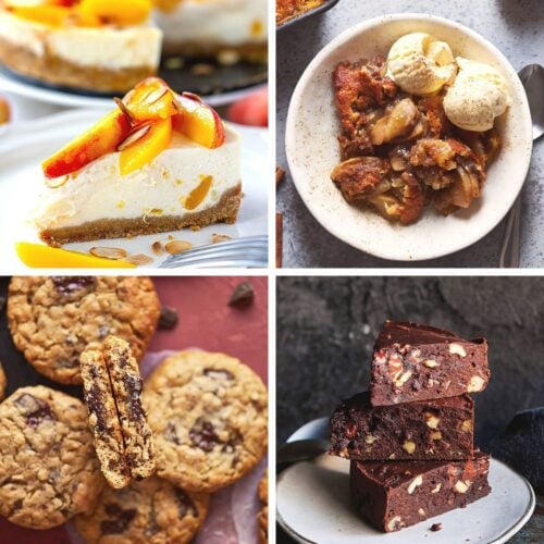 A 2x2 collage of four classic desserts: a slice of peach cheesecake, warm apple cobbler topped with vanilla ice cream, chocolate chip oatmeal cookies, and a stack of fudgy nut-filled brownies.
