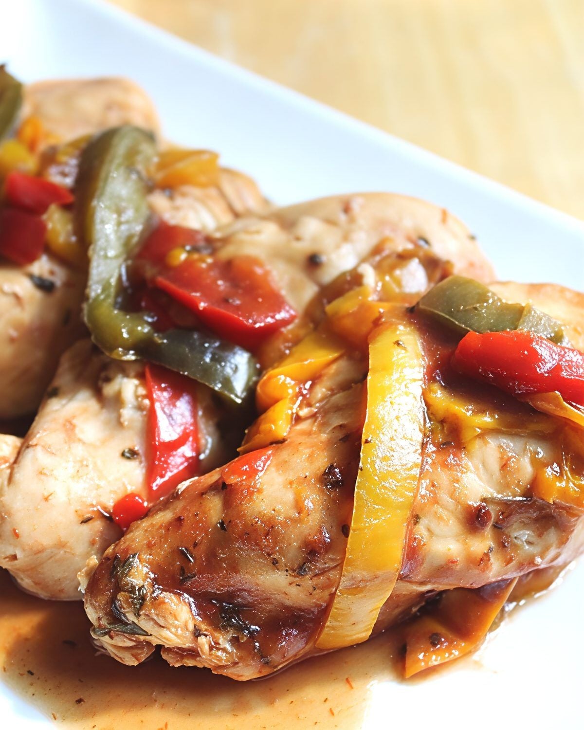 Tender chicken breasts smothered in a rich savory sauce and topped with colorful bell peppers, serving up an easy dump and go crockpot dinner (Lazy Dinner)