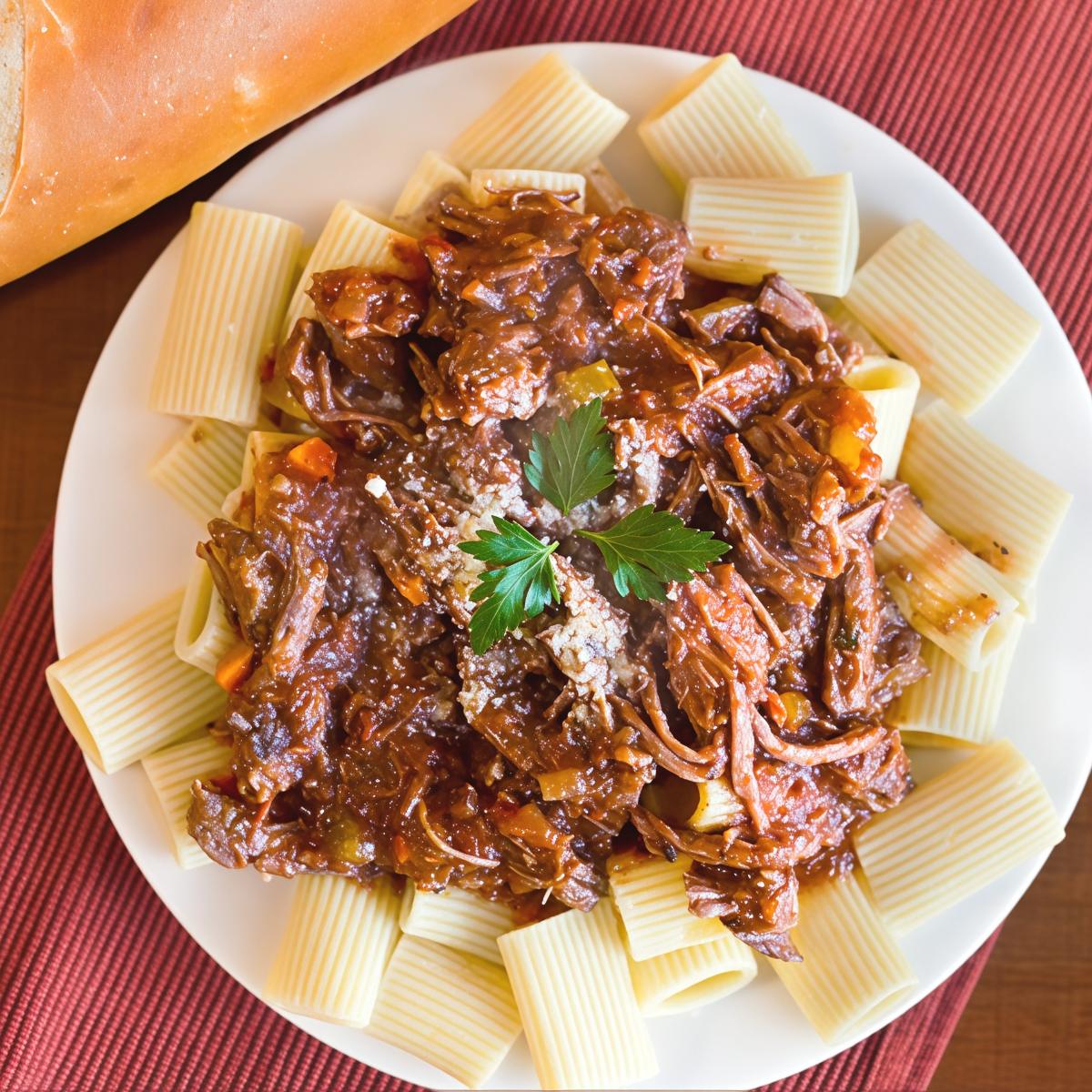 Rich slow cooker beef ragu served over rigatoni pasta with a sprinkle of cheese, making an effortless dump and go crockpot dinner (Lazy Dinner).
