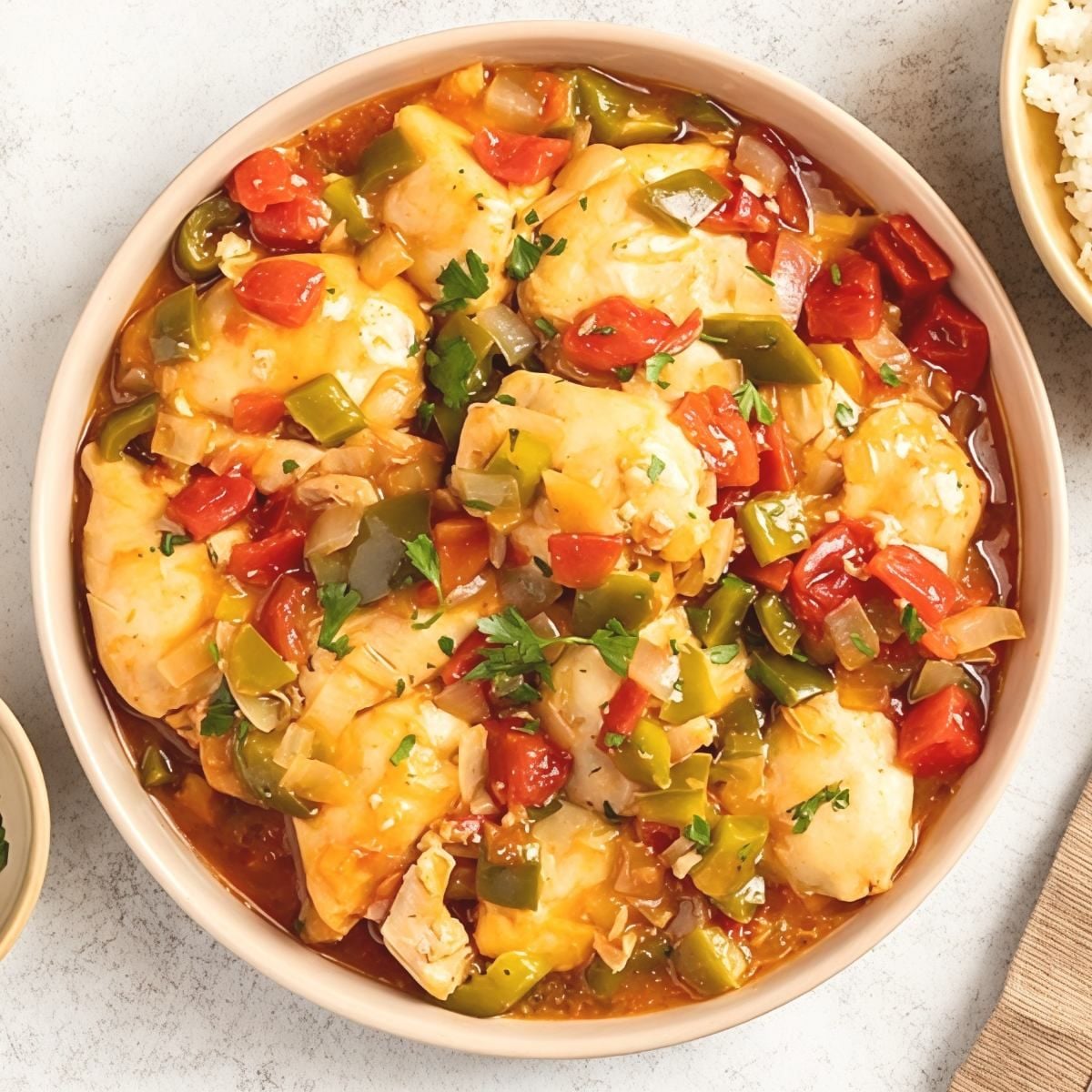 Tender chicken thighs simmered in a rich tomato, onion, and bell pepper sauce, perfect for a cozy dump and go crockpot dinner (Lazy Dinner)