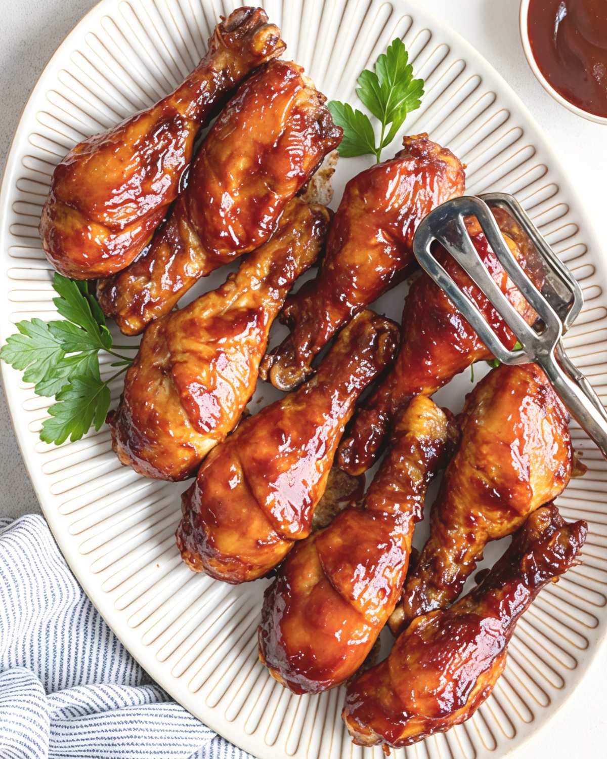 A serving platter of glazed barbecue chicken drumsticks garnished with parsley, making a delicious dump and go crockpot dinner (Lazy Dinner).