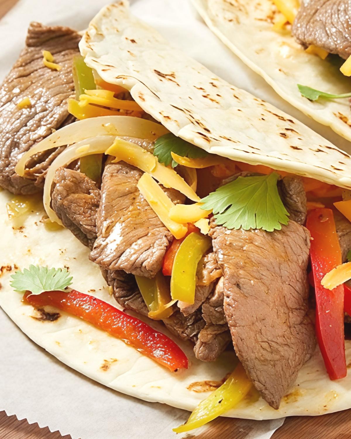 Soft flour tortillas loaded with tender slow cooker steak strips, colorful bell peppers, onions, and melted cheese, making an easy dump and go crockpot dinner (Lazy Dinner).