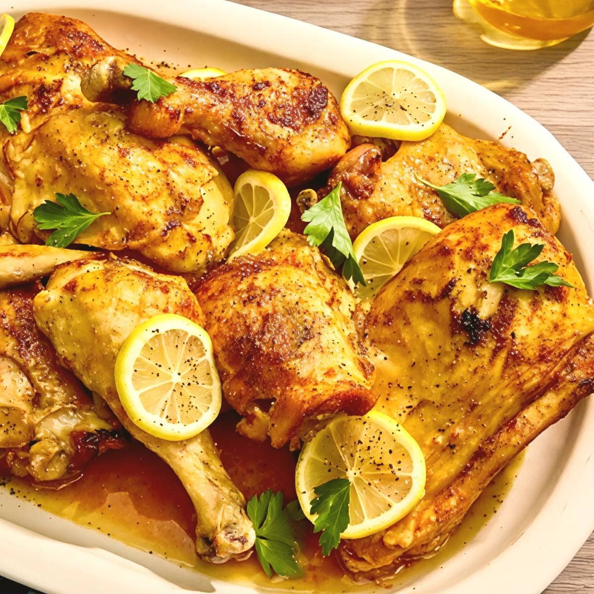 Golden slow-cooked chicken pieces garnished with lemon slices and fresh herbs, perfect for a quick dump and go crockpot dinners chicken recipe.