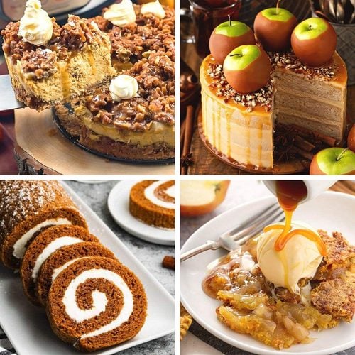 A collage featuring four delicious holiday desserts including a pumpkin pecan cheesecake, caramel apple cake, pumpkin roll, and apple dump cake topped with ice cream, perfect for a Thanksgiving cakes recipe collection.