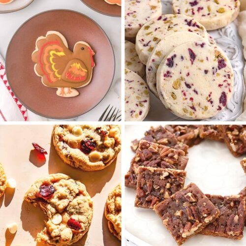 Collage of delicious Thanksgiving cookie recipes featuring a decorated turkey sugar cookie, cranberry pistachio shortbread, white chocolate cranberry cookies, and pecan pie bars.