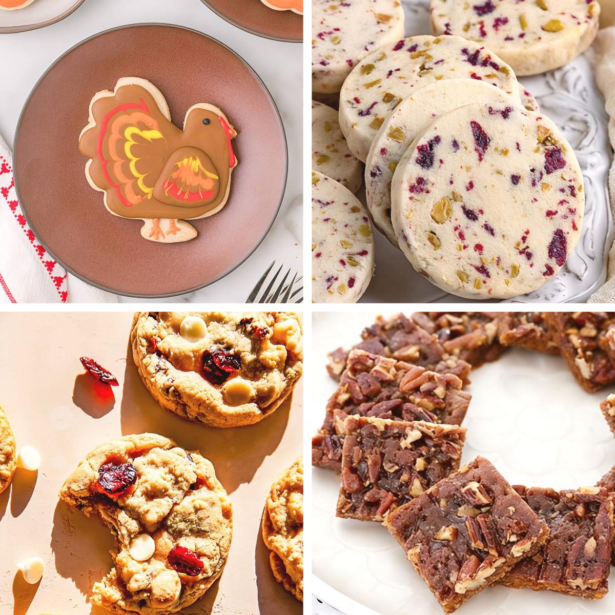Collage of delicious Thanksgiving cookie recipes featuring a decorated turkey sugar cookie, cranberry pistachio shortbread, white chocolate cranberry cookies, and pecan pie bars.