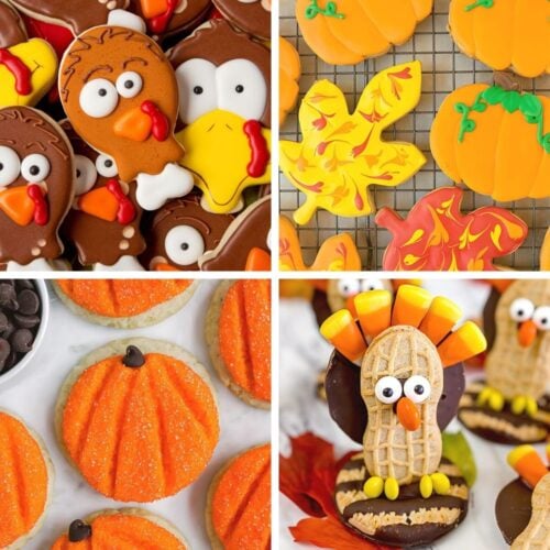 A photo grid showcasing a variety of fall cookies including royal icing turkeys, iced maple leaves, orange pumpkin cookies, and Nutter Butter turkeys, perfect for thanksgiving sugar cookies decorated for holiday dessert spreads.