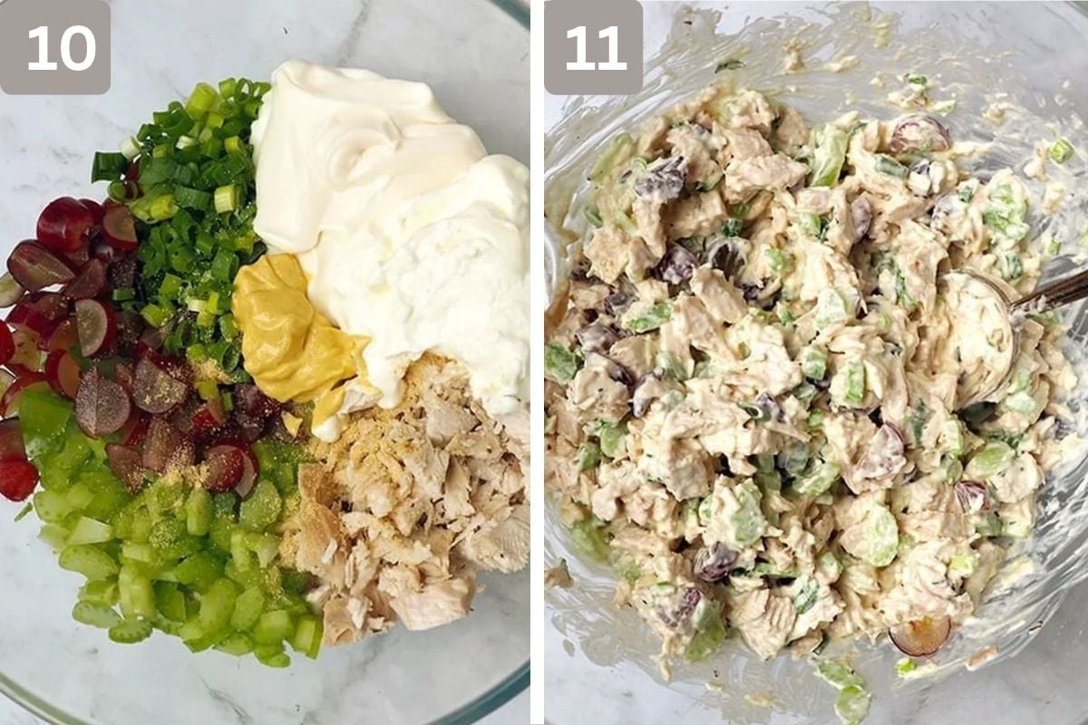 celery, grapes, green onions, mayonnaise, sour cream, Dijon mustard and onion powder added to a bowl and mixed with the salad dressing