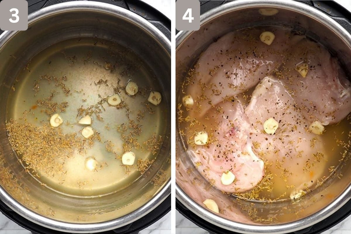 chicken stock, diced garlic, and dried thyme added to pot and chicken added