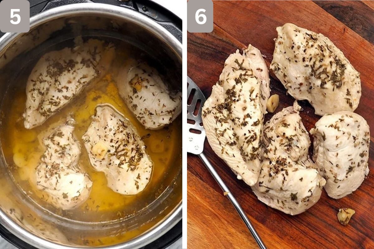 chicken poached and left to cool on a wooden board