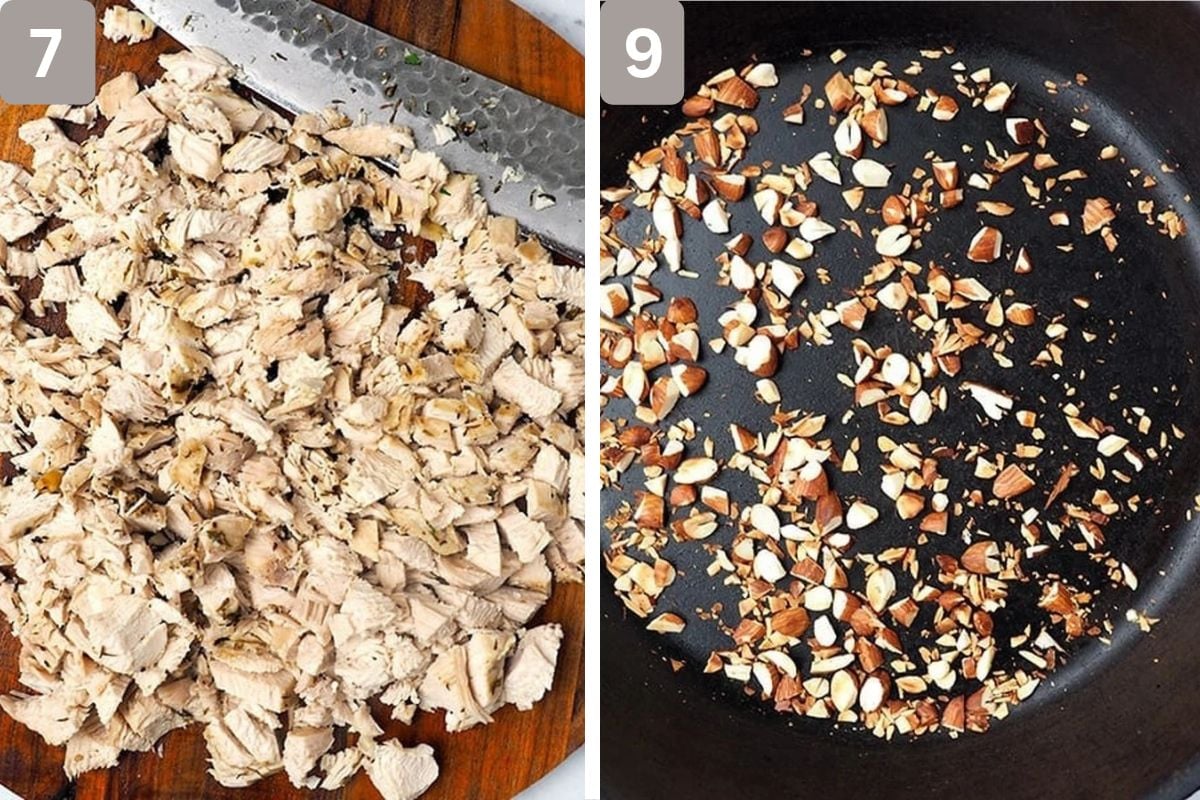 chicken dices and almonds roasted in a skillet
