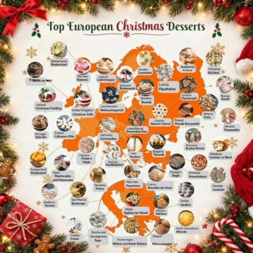 An infographic titled "Top European Christmas Desserts" featuring a map of Europe filled with orange shapes representing each country.