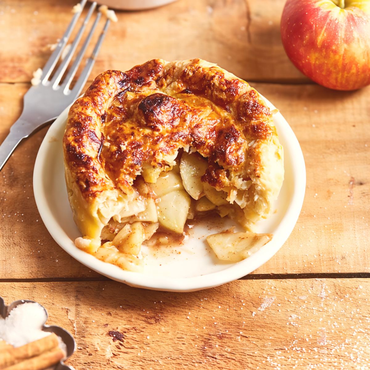A golden, flaky personal-sized air fryer apple pie served on a small plate with a cut opening revealing warm, tender spiced apple slices inside.