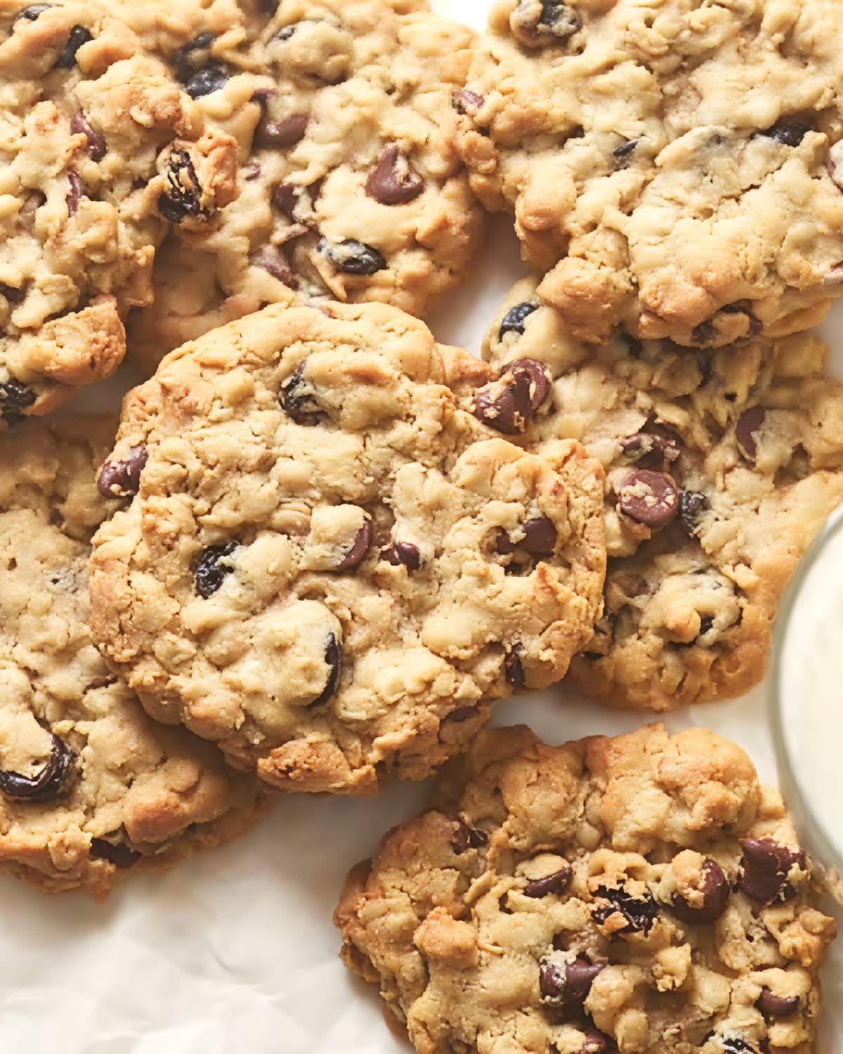 Golden brown and soft oatmeal chocolate chip cookies made in an air fryer, perfect for an old-fashioned treat