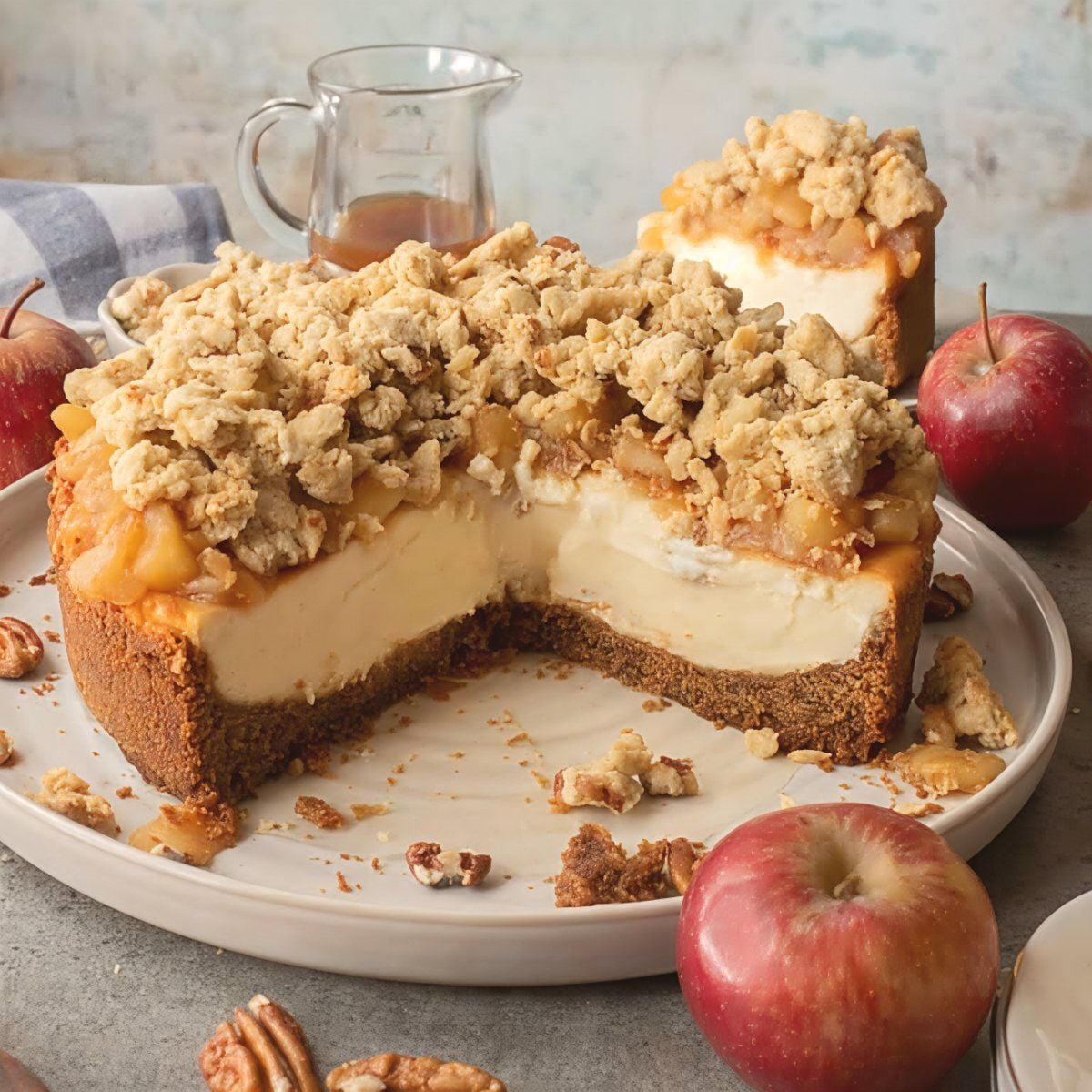 A rich, creamy apple crumble cheesecake layered with tender spiced apples and topped with a golden buttery oat streusel, served alongside fresh red apples and caramel sauce.