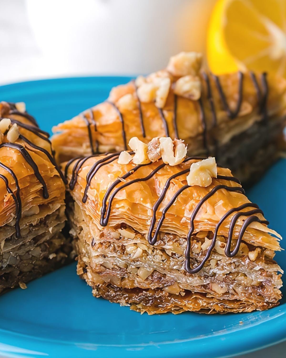Diamond-shaped pieces of traditional Albanian Bakllava with flaky phyllo layers, chopped walnuts, and a chocolate drizzle served on a blue plate as a European Christmas dessert.