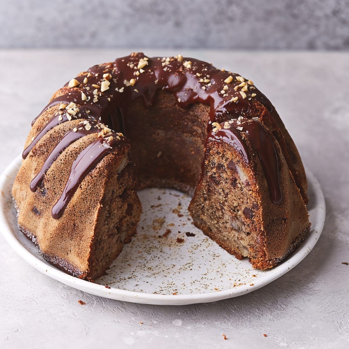 A moist banana chocolate chip bundt cake with a section sliced out, drizzled with glossy chocolate ganache glaze and sprinkled with chopped nuts on a white serving plate.
