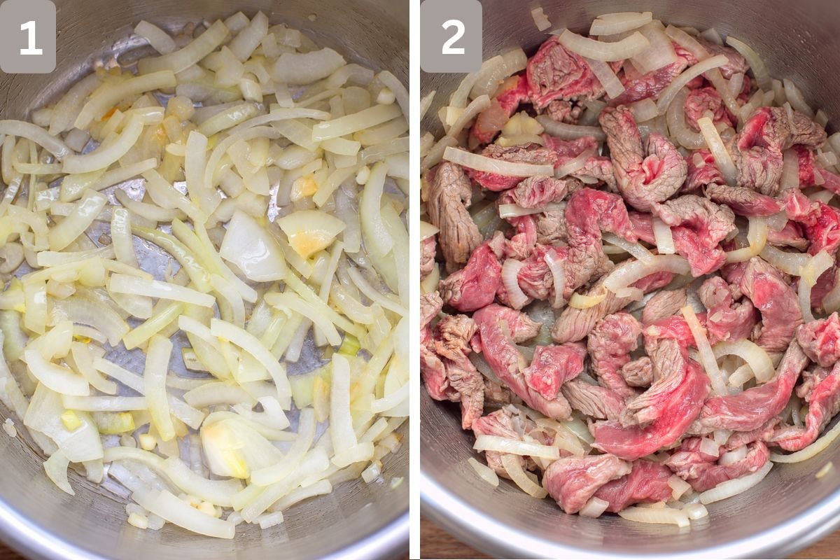 Onions simmering and beef strips added