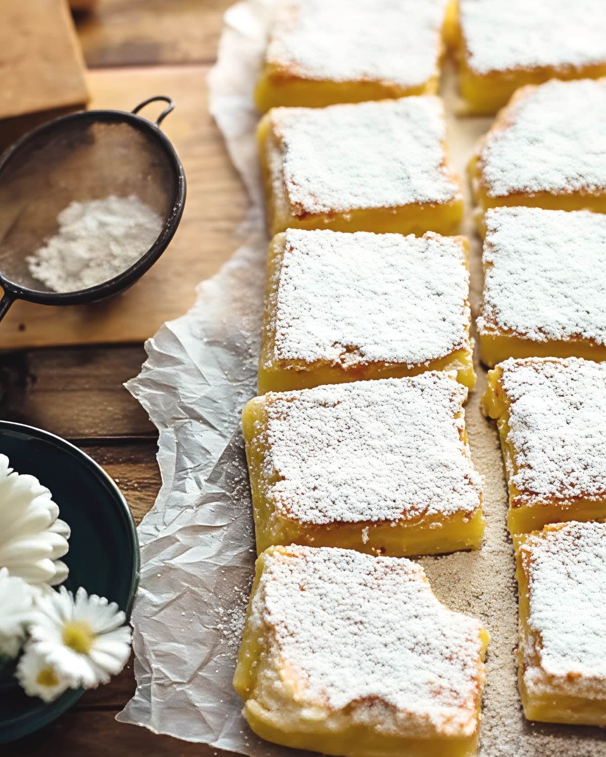 Freshly sliced homemade lemon bars dusted heavily with powdered sugar rest on parchment paper alongside a vintage powdered sugar sifter.
