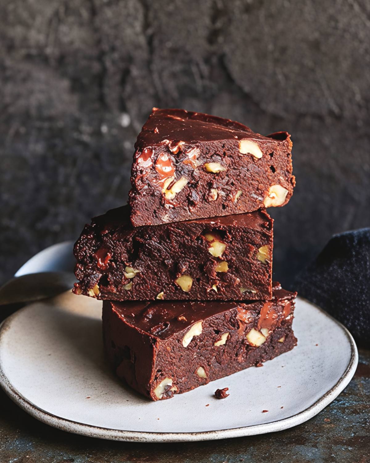 A vertical stack of three rich, dense chocolate brownie cake wedges studded with walnuts sits on a small off-white plate.