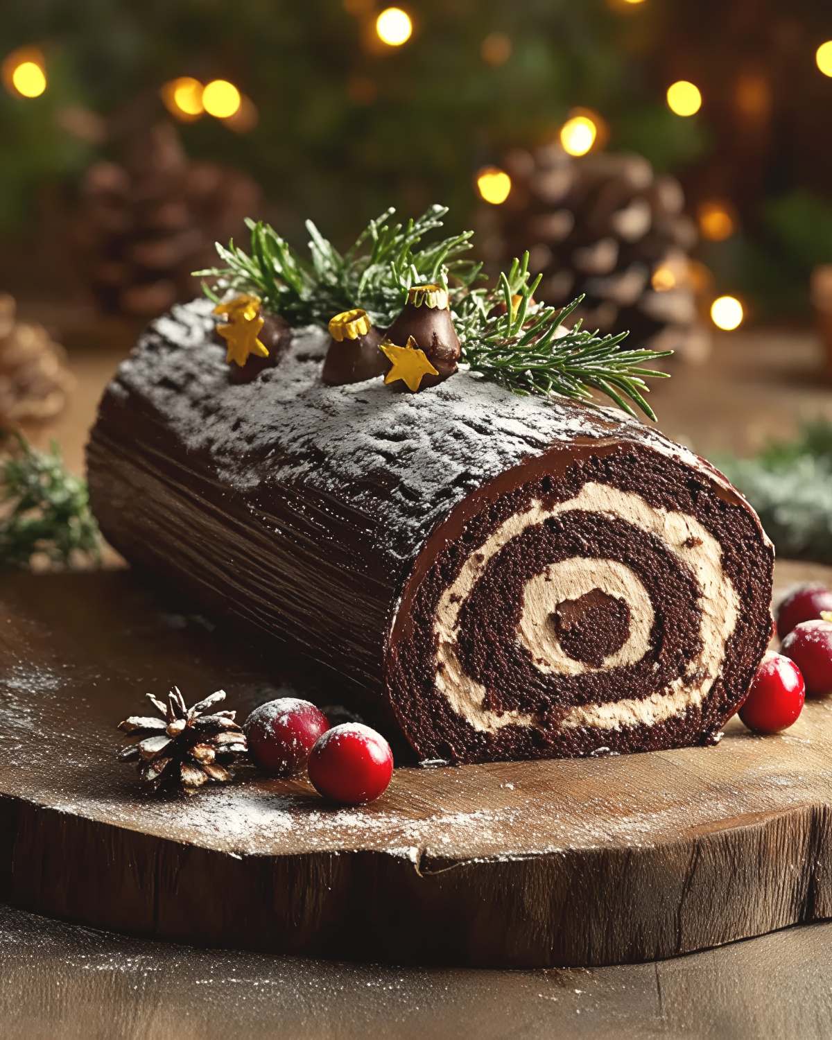 A rich chocolate Bûche de Noël roll cake dusted with powdered sugar and garnished with evergreen sprigs as a traditional European Christmas dessert.