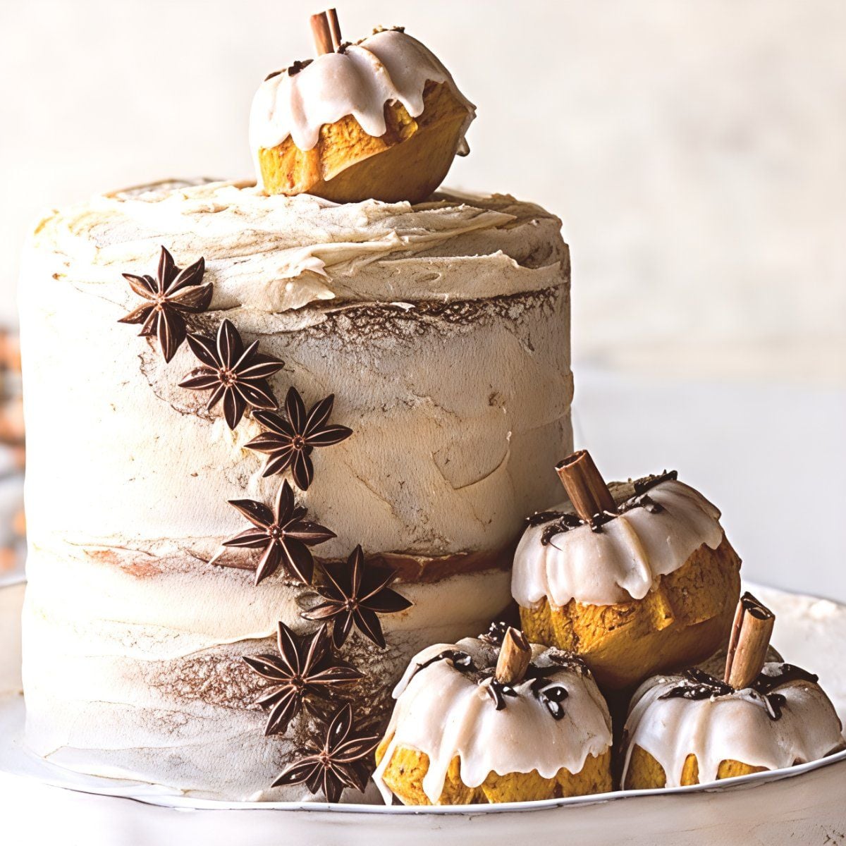 Rustic chai pumpkin Thanksgiving layer cake coated in maple browned butter frosting and decorated with whole star anise pods alongside glazed mini bundt cake pumpkins.