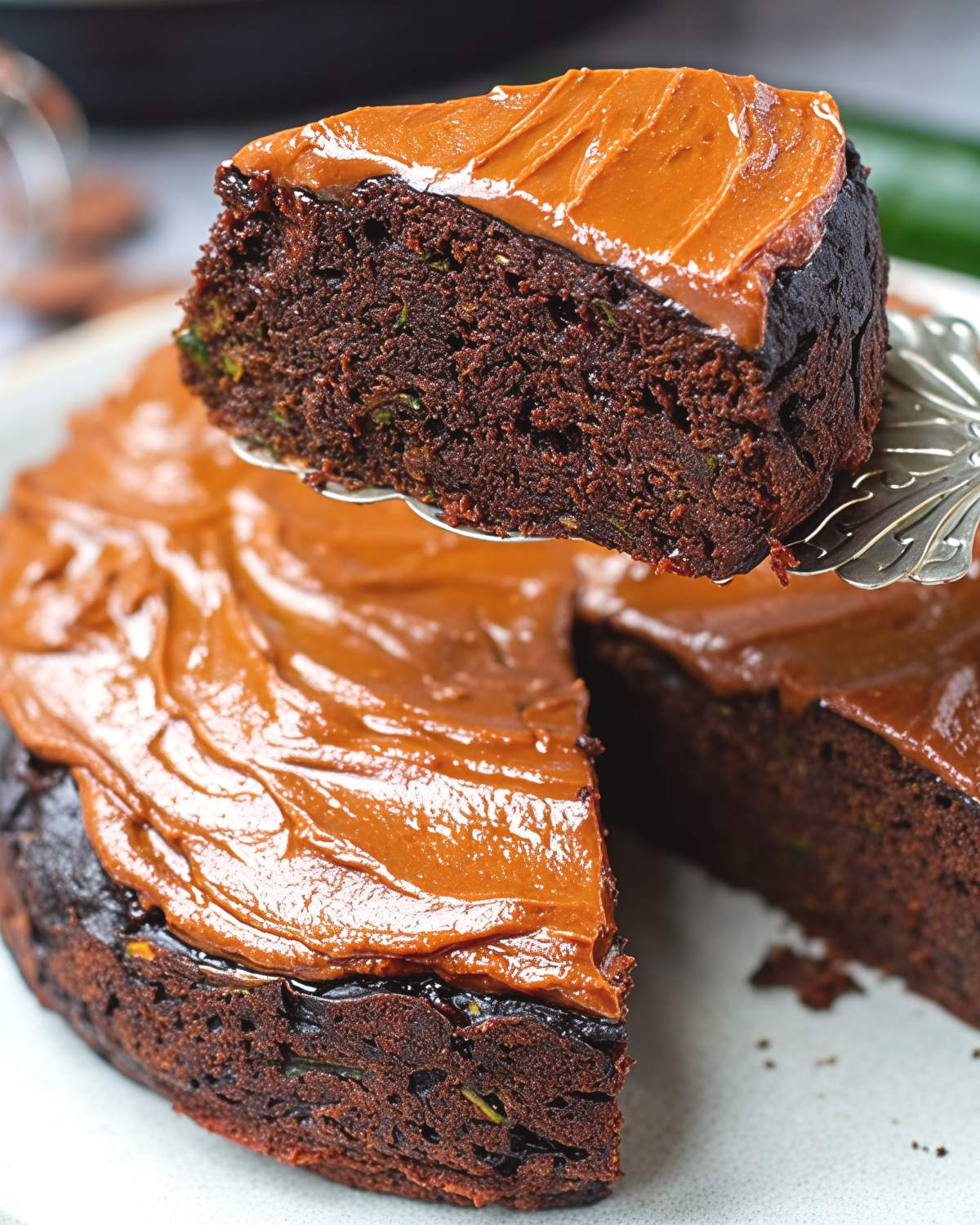 A silver pie server lifts a thick slice of moist chocolate zucchini cake topped with smooth caramel-colored frosting above the rest of the round cake.