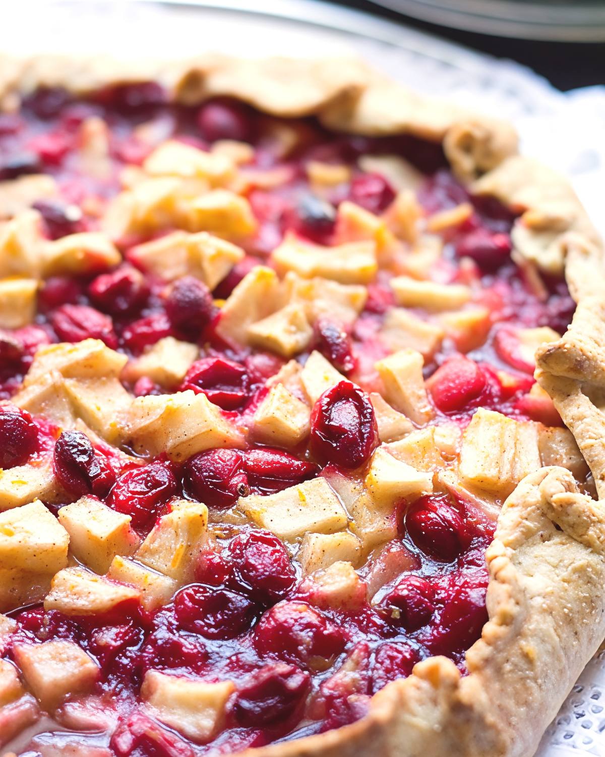 A rustic cranberry pear galette featuring a golden pecan pastry crust folded around a colorful filling of diced pears and juicy whole cranberries.