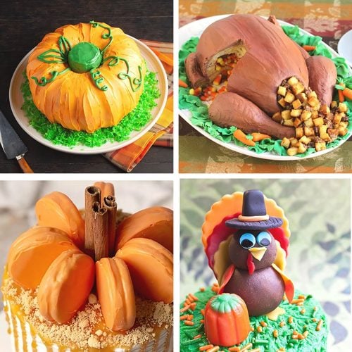 Photo grid showing four festive Thanksgiving cake designs including a frosted bundt pumpkin, a carved roasted turkey cake, a macaron-topped cake, and a pilgrim turkey topper.
