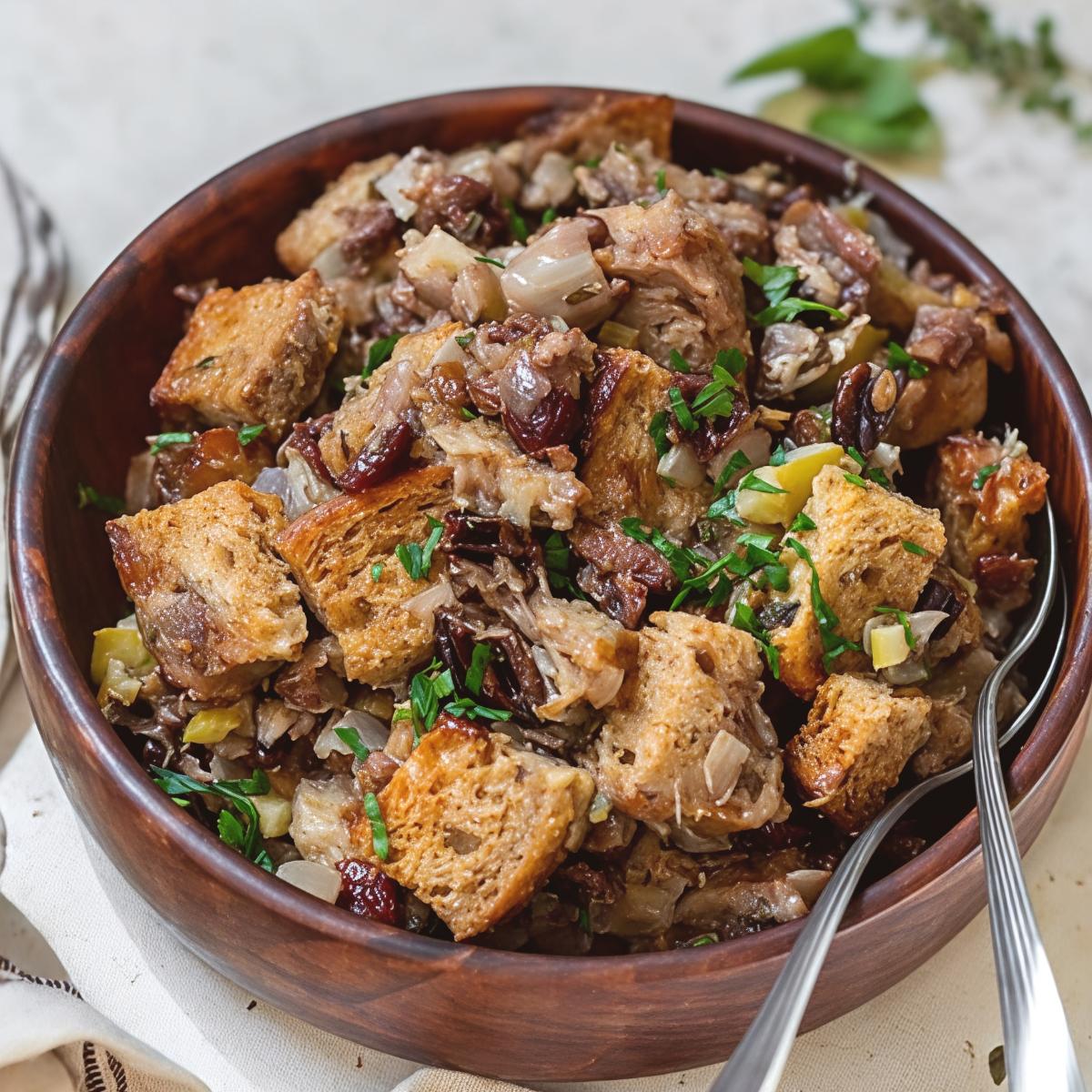 Savory crockpot stuffing thanksgiving recipe served in a dark wooden bowl with serving spoons and fresh herbs.