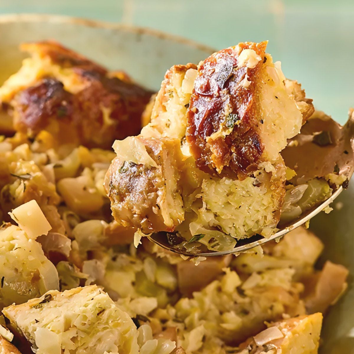 A spoon scooping a portion of golden-brown crockpot stuffing thanksgiving recipe seasoned with fresh sage and thyme from a serving bowl.