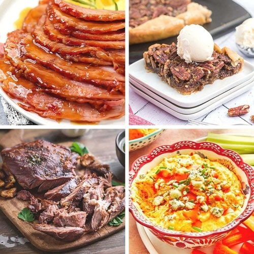 Collage featuring glazed ham, pecan pie, roasted turkey thighs, and buffalo chicken dip showcasing easy crockpot thanksgiving recipes.