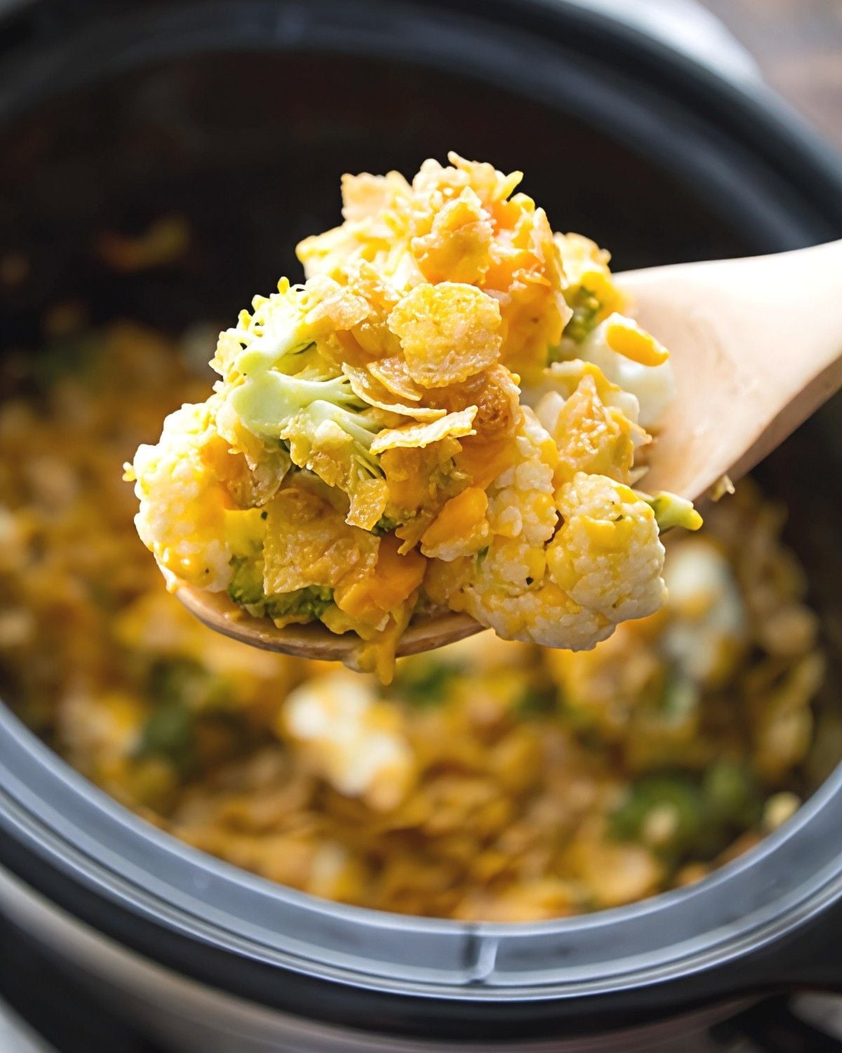 Cauliflower Broccoli Casserole scooped out of the pot with a wooden spoon