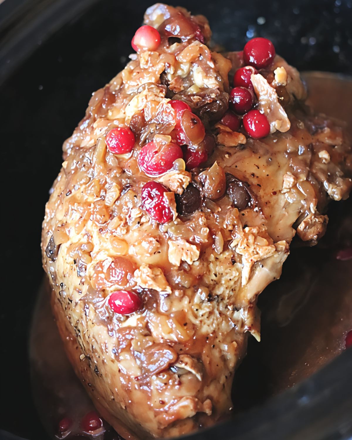 Tender crockpot cranberry turkey breast coated in rich pan glaze and studded with whole fresh cranberries inside a slow cooker, perfect for crockpot thanksgiving recipes.