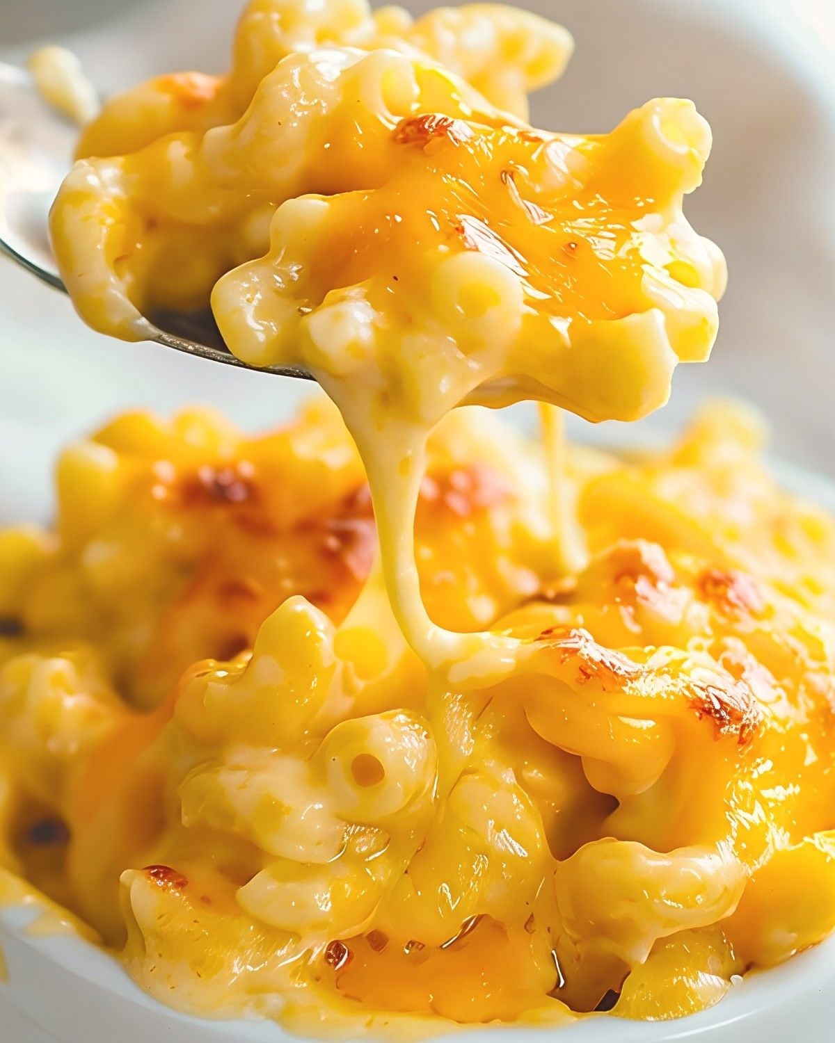 Spoon lifting a creamy, cheesy portion of Trisha Yearwood's crockpot mac and cheese with melted cheddar, perfect for crockpot thanksgiving recipes.