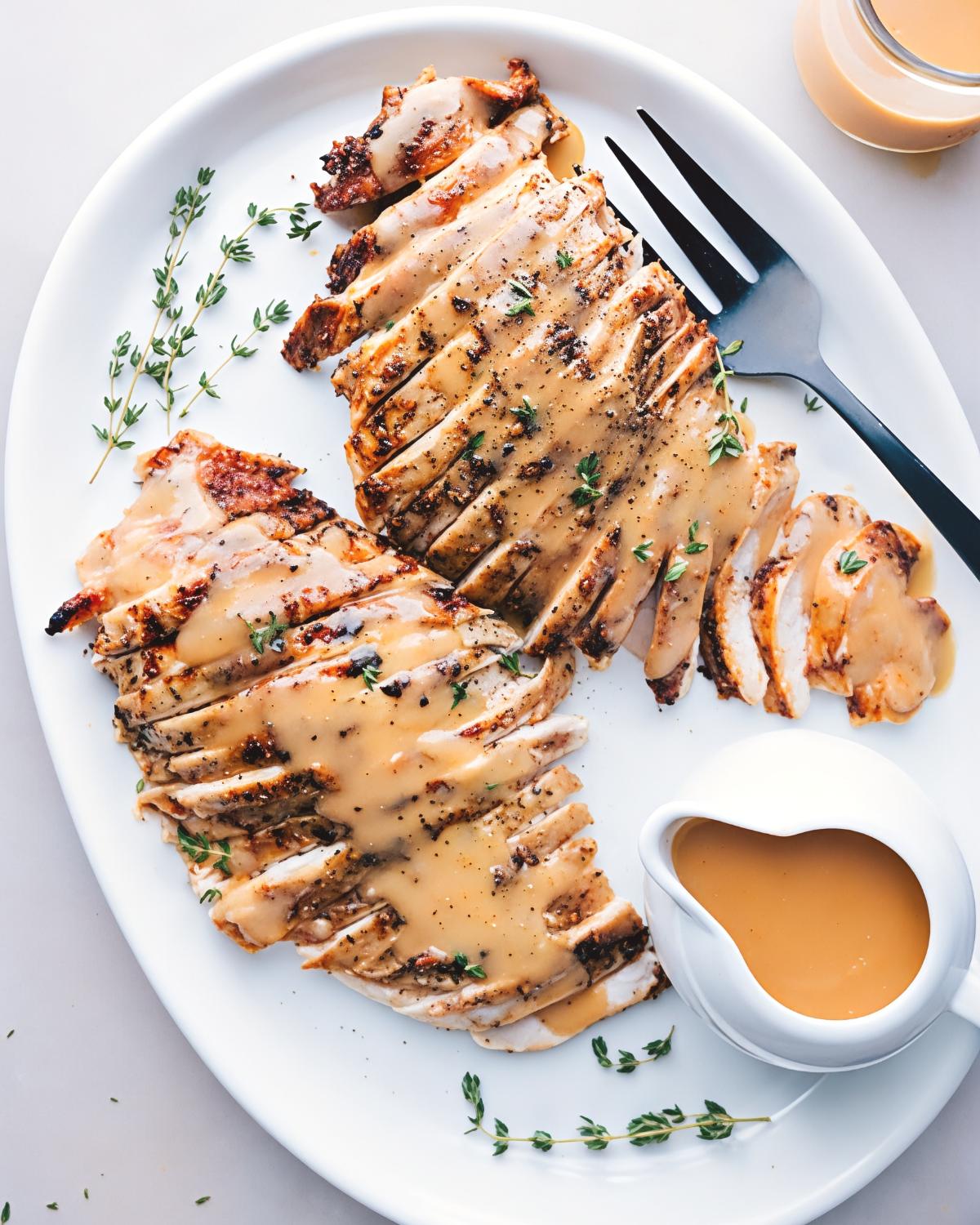 Juicy sliced crockpot turkey breast drizzled with rich gravy and garnished with fresh thyme leaves on a white serving platter, perfect for crockpot thanksgiving recipes.
