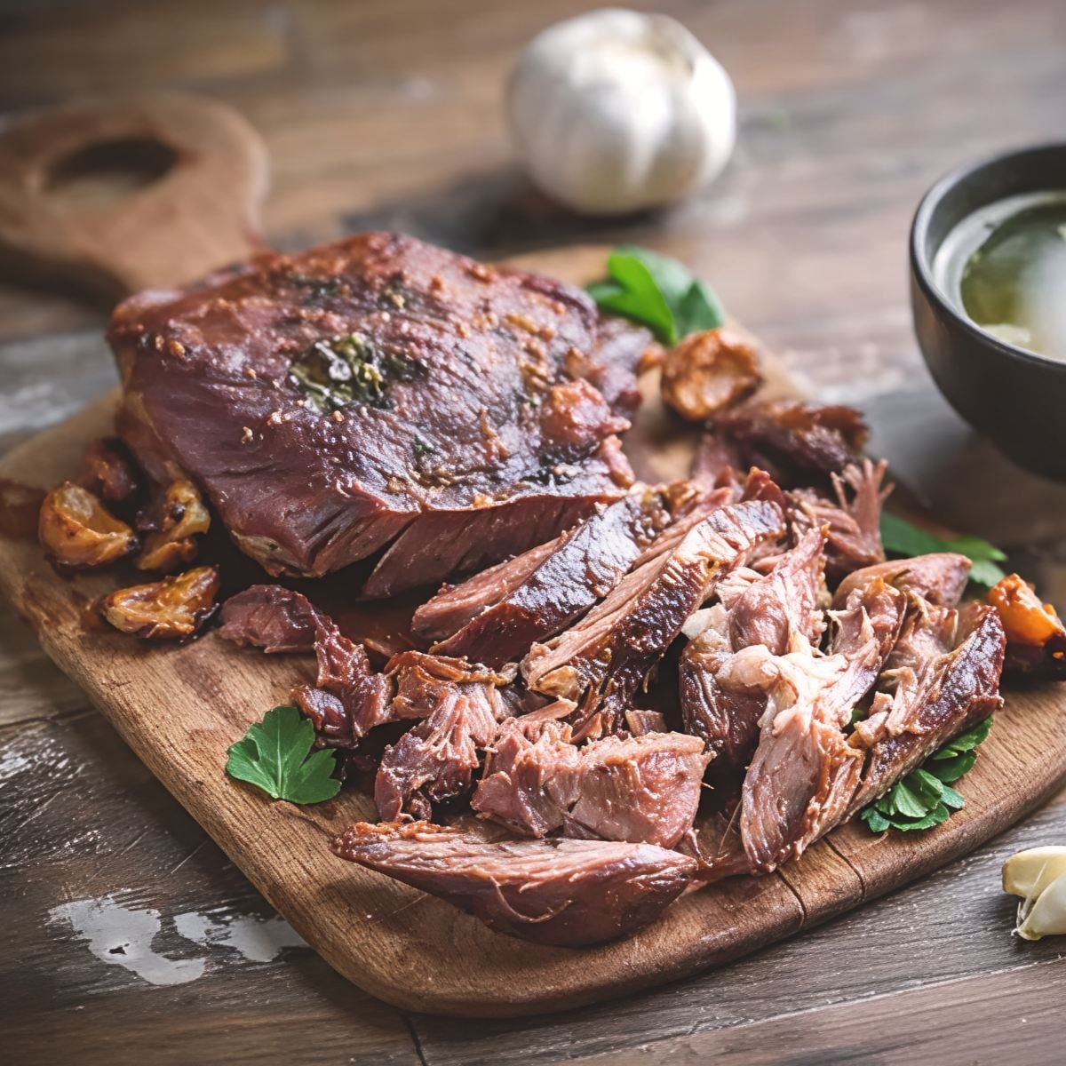 Tender, juicy sliced turkey thighs cooked with white wine and roasted garlic served on a wooden cutting board, perfect for crockpot thanksgiving recipes.