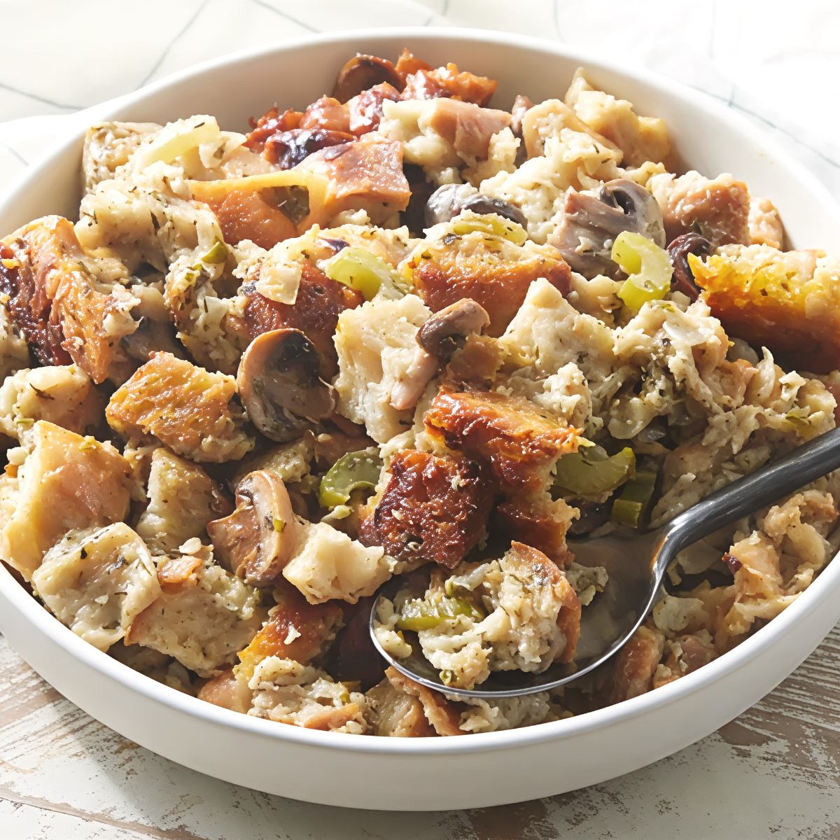 Delicious crockpot stuffing thanksgiving recipe with golden bread cubes, celery, and mushrooms served in a white bowl with a spoon.